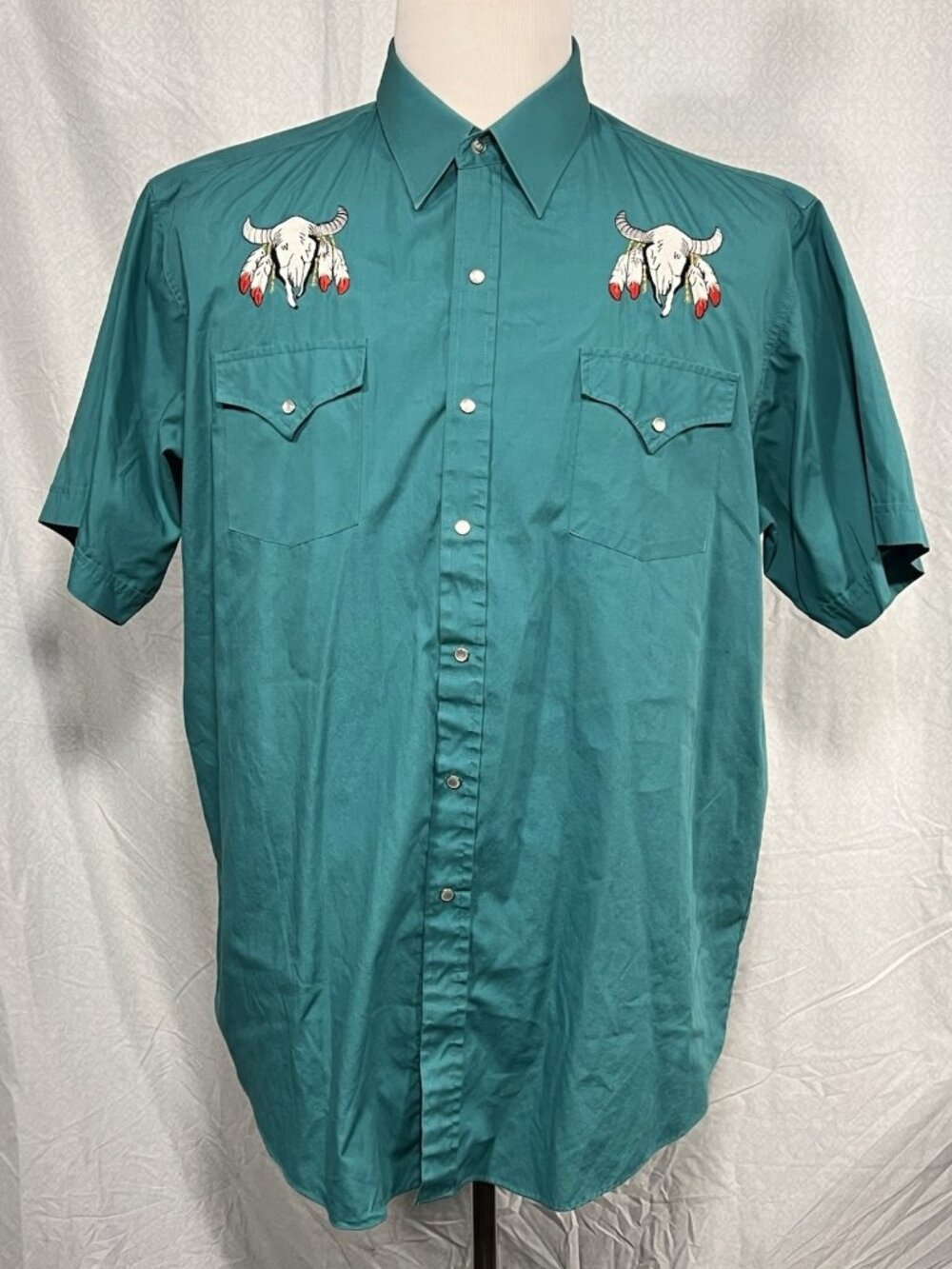 Vintage High Noon Western Shirt XL Teal Pearl Snap Steer Skull Embroidered